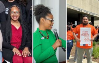 A collage of three images of staff members at Noble Schools. The left one shows Tierionna Pinkston, principal at The Noble Academy. The middle one shows Pattilyn Beals, Noble Schools' manager of government and community affairs. The left one shows Juan Pablo Esquivel, a teacher at Mansueto High School.